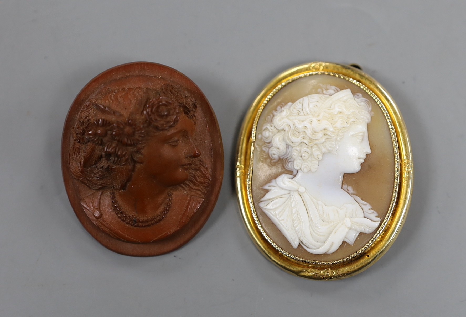 Two cameo brooches including yellow metal mounted cameo shell, carved with the bust of a lady to sinister, 50mm.